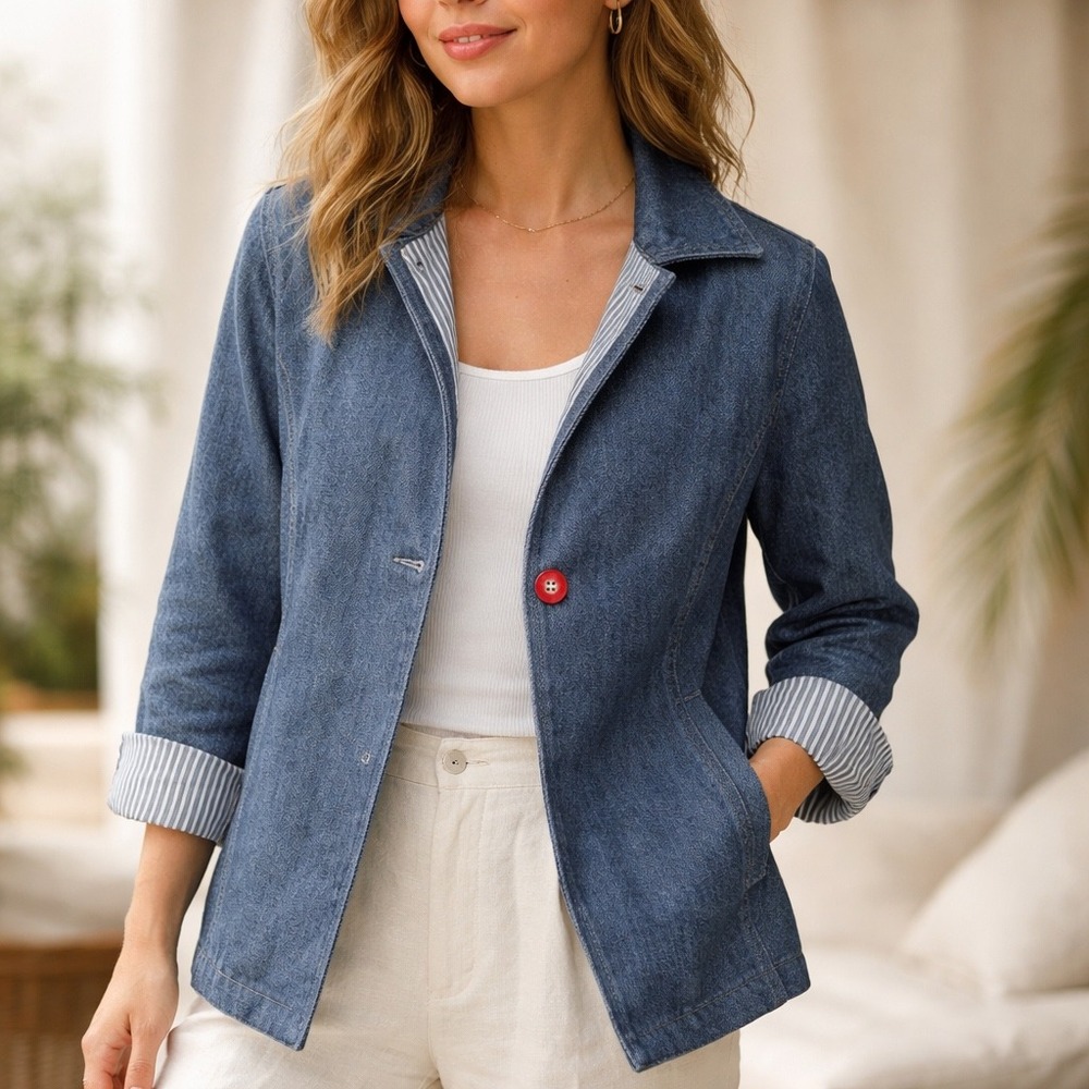Womens Blue Denim Chore Jacket Single Red Button Pinstripe Lining Size XL